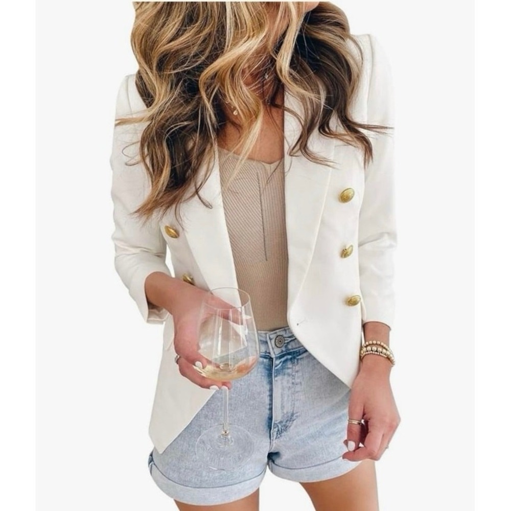 Asvivid Women's White Blazer Size L Gold Buttons Office Career Workwear
